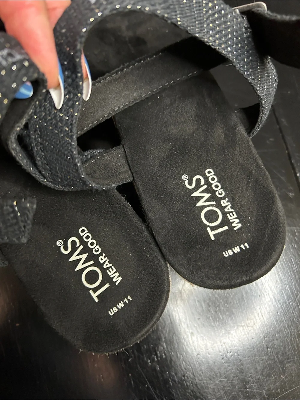 TOMS Black Espadrille platform Wedge Sandals with Metallic Stitching